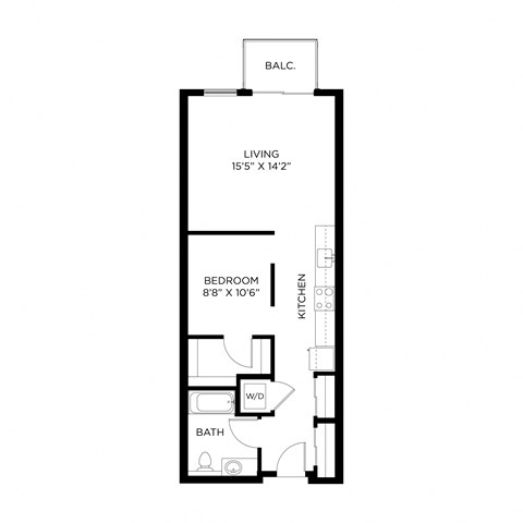 Floor plan for 1 bed, 1 bath, 670 sqft